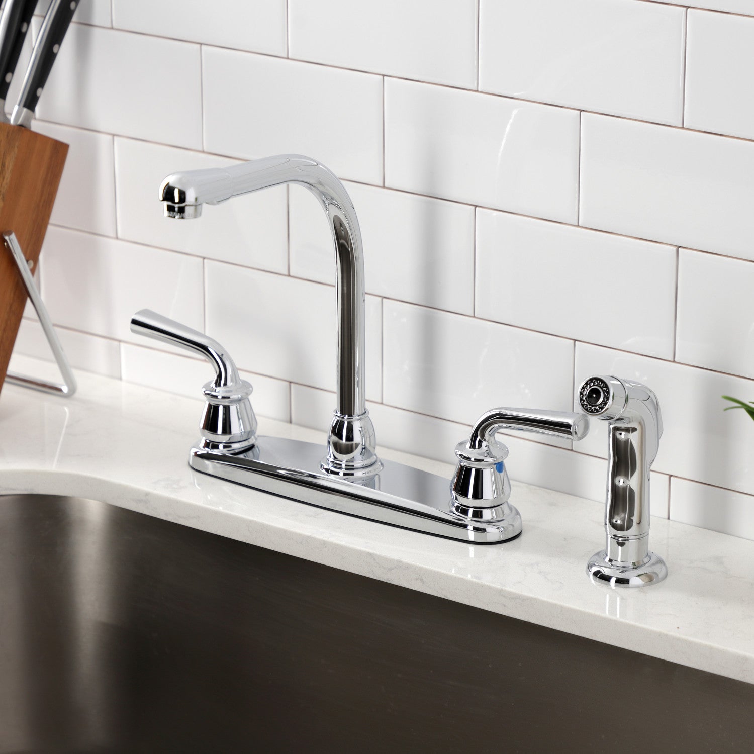 Kingston Tulare KB711RXLSP - Restoration Two-Handle 4-Hole 8" Centerset Kitchen Faucet with Side Sprayer, Polished Chrome — thumbnail 2